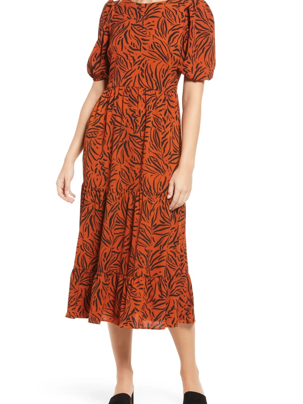 Eliza J Burnt Orange and Black Tiered Puff-Sleeve Midi Dress